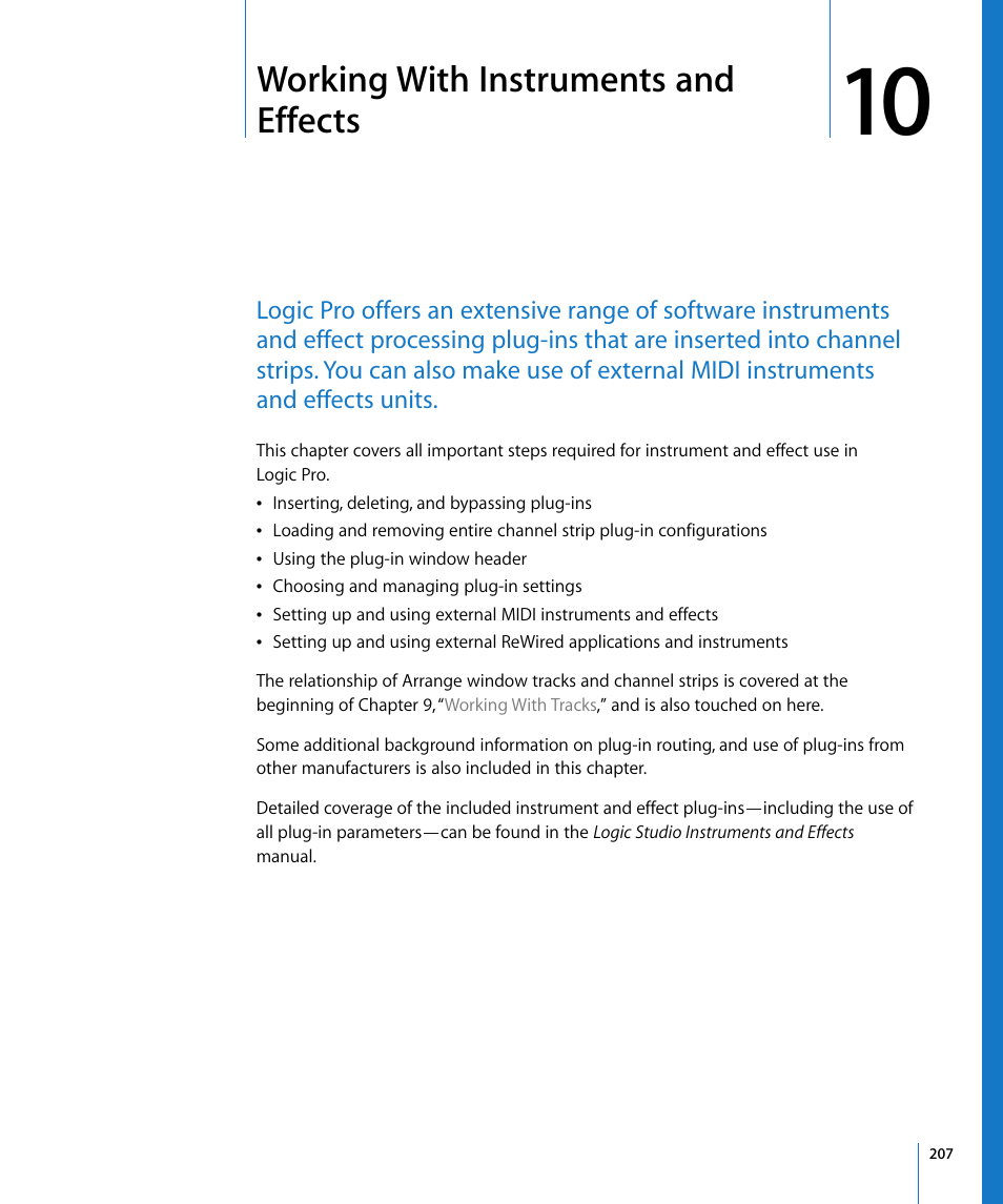 Working with instruments and effects, Chapter 10, Ound in chapter 10 | Working with instruments, And effects | Apple Logic Pro 8 User Manual | Page 207 / 1030