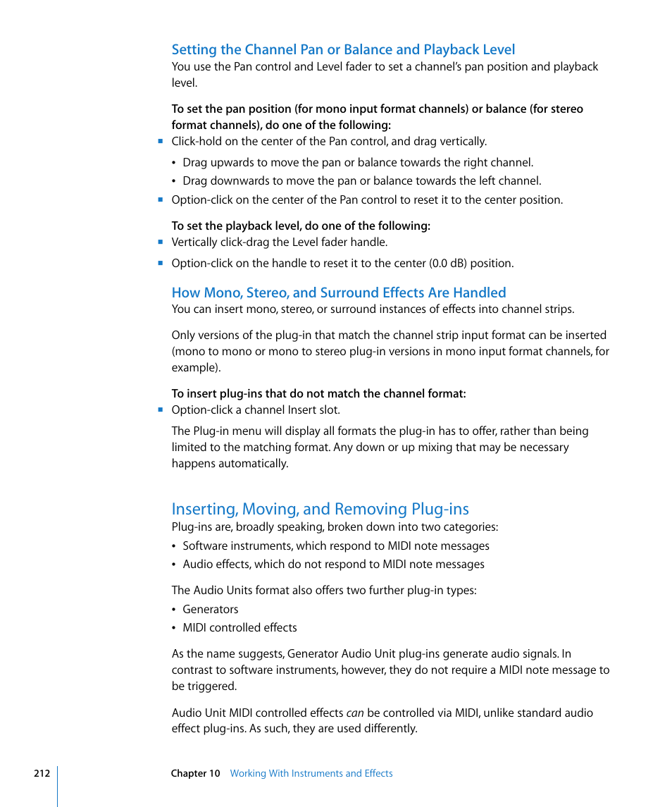 How mono, stereo, and surround effects are handled, Inserting, moving, and removing plug-ins | Apple Logic Pro 8 User Manual | Page 212 / 1030