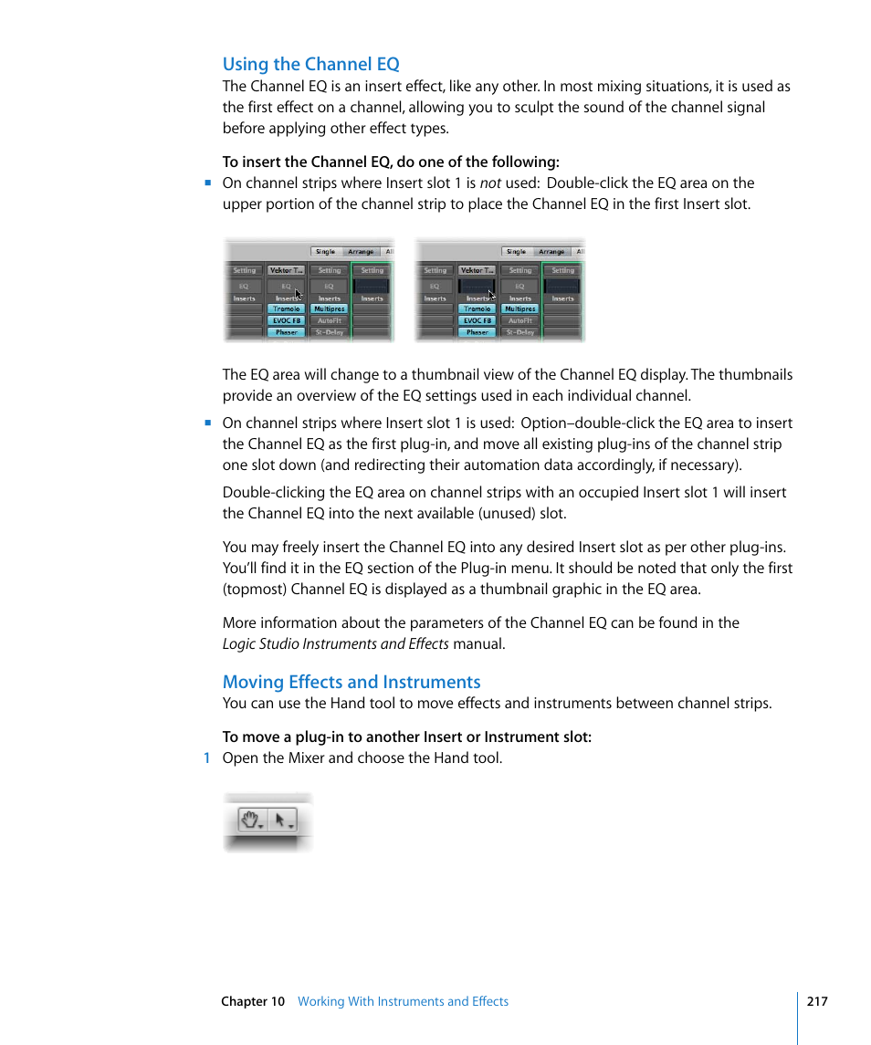 Using the channel eq, Moving effects and instruments | Apple Logic Pro 8 User Manual | Page 217 / 1030