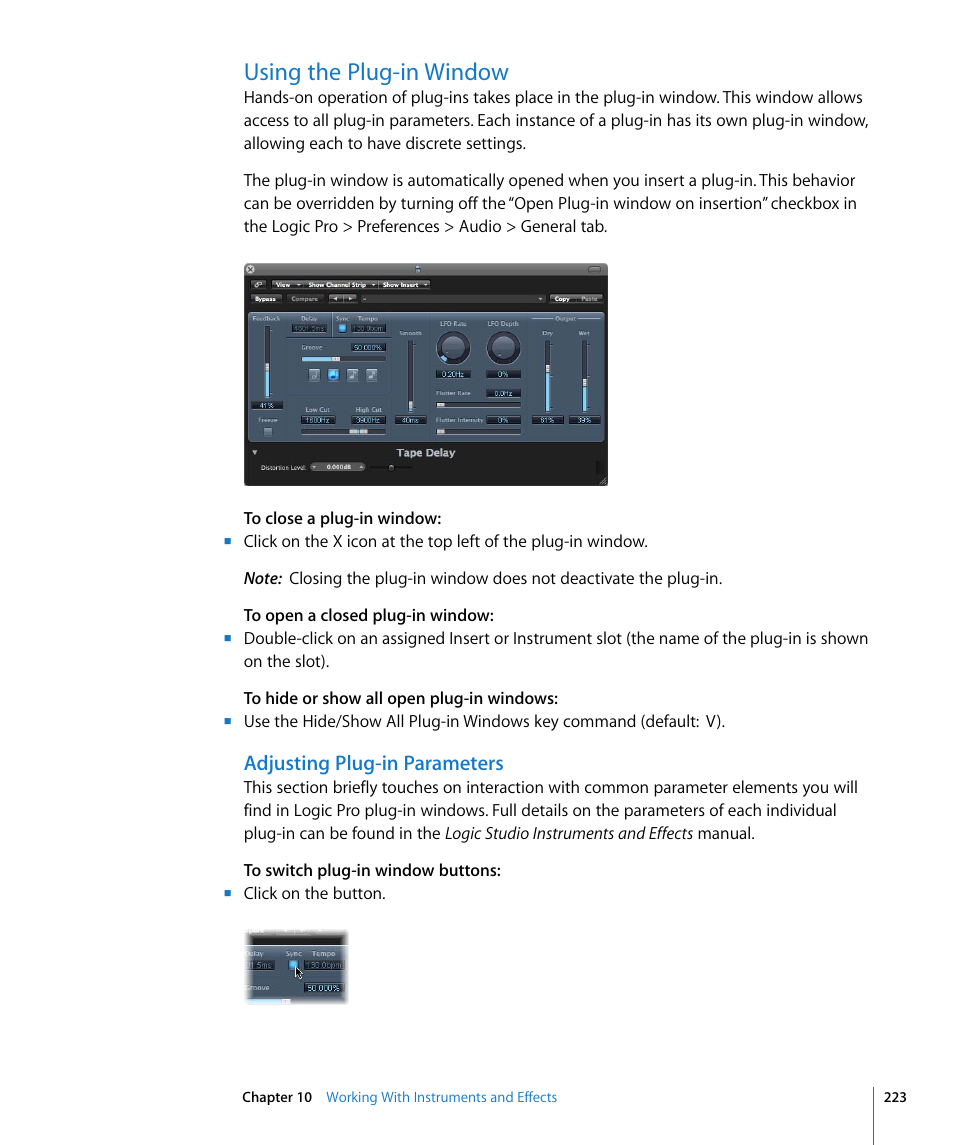 Using the plug-in window, Adjusting plug-in parameters | Apple Logic Pro 8 User Manual | Page 223 / 1030