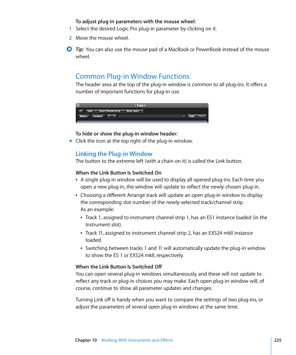 Common plug-in window functions, Linking the plug-in window | Apple Logic Pro 8 User Manual | Page 225 / 1030