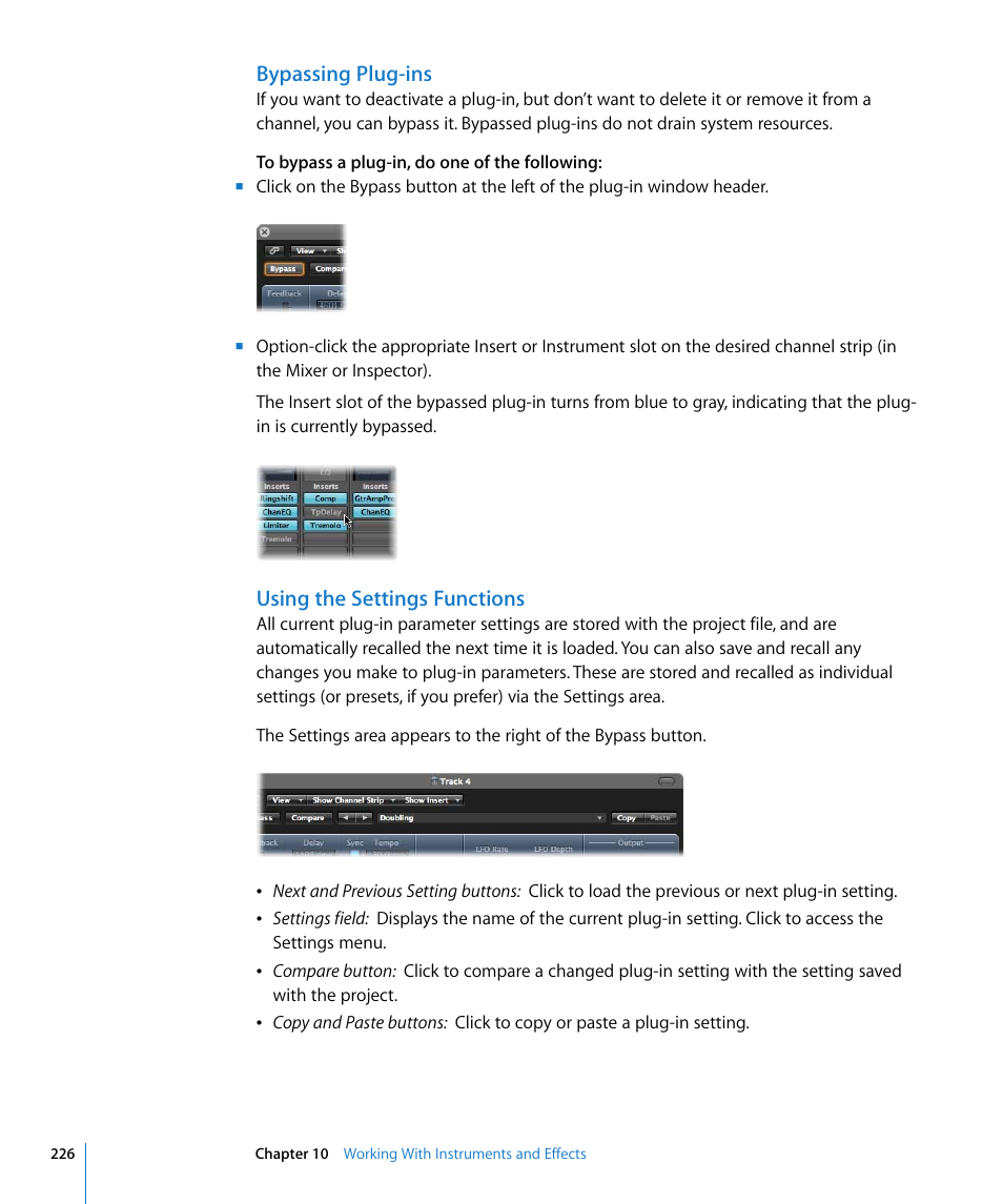 Bypassing plug-ins, Using the settings functions | Apple Logic Pro 8 User Manual | Page 226 / 1030
