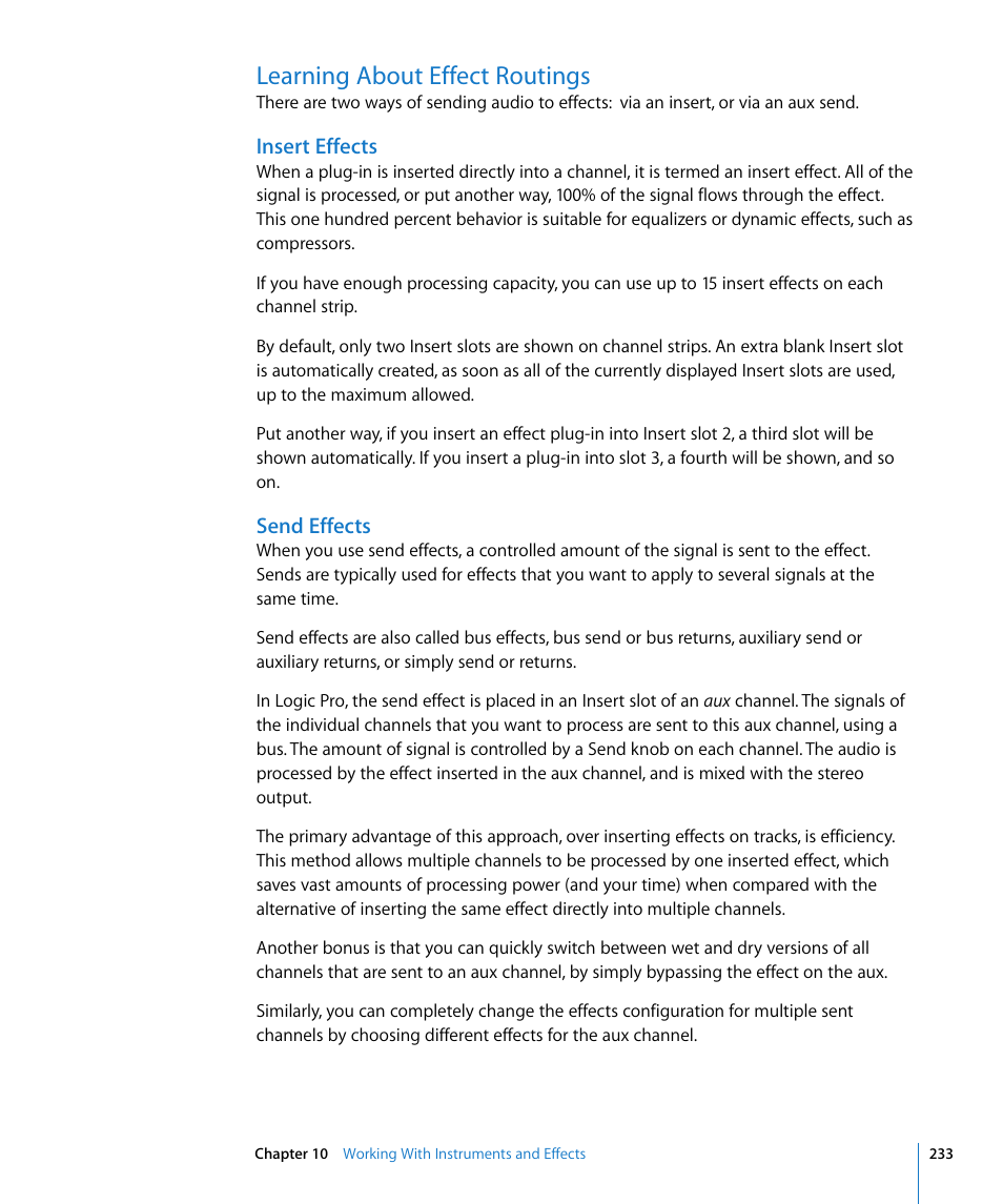 Learning about effect routings, Insert effects, Send effects | Apple Logic Pro 8 User Manual | Page 233 / 1030