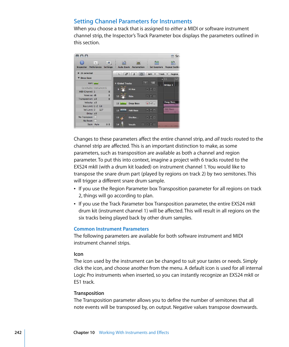 Setting channel parameters for instruments | Apple Logic Pro 8 User Manual | Page 242 / 1030