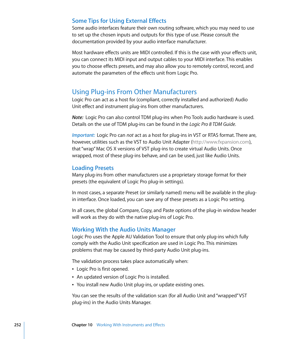 Some tips for using external effects, Using plug-ins from other manufacturers, Loading presets | Working with the audio units manager | Apple Logic Pro 8 User Manual | Page 252 / 1030