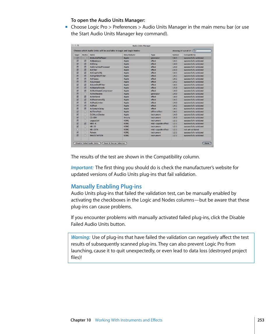 Manually enabling plug-ins | Apple Logic Pro 8 User Manual | Page 253 / 1030