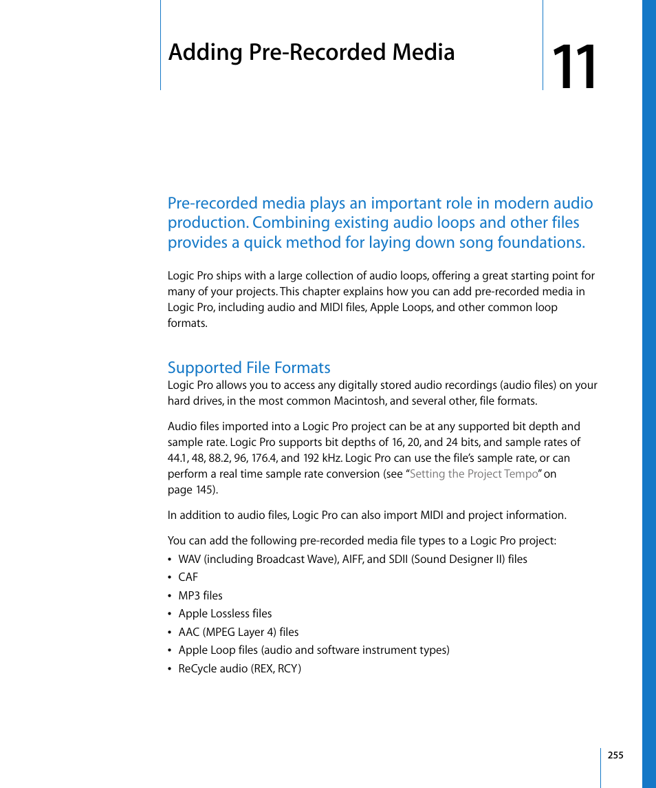 Adding pre-recorded media, Supported file formats, Chapter 11 | Apple Logic Pro 8 User Manual | Page 255 / 1030