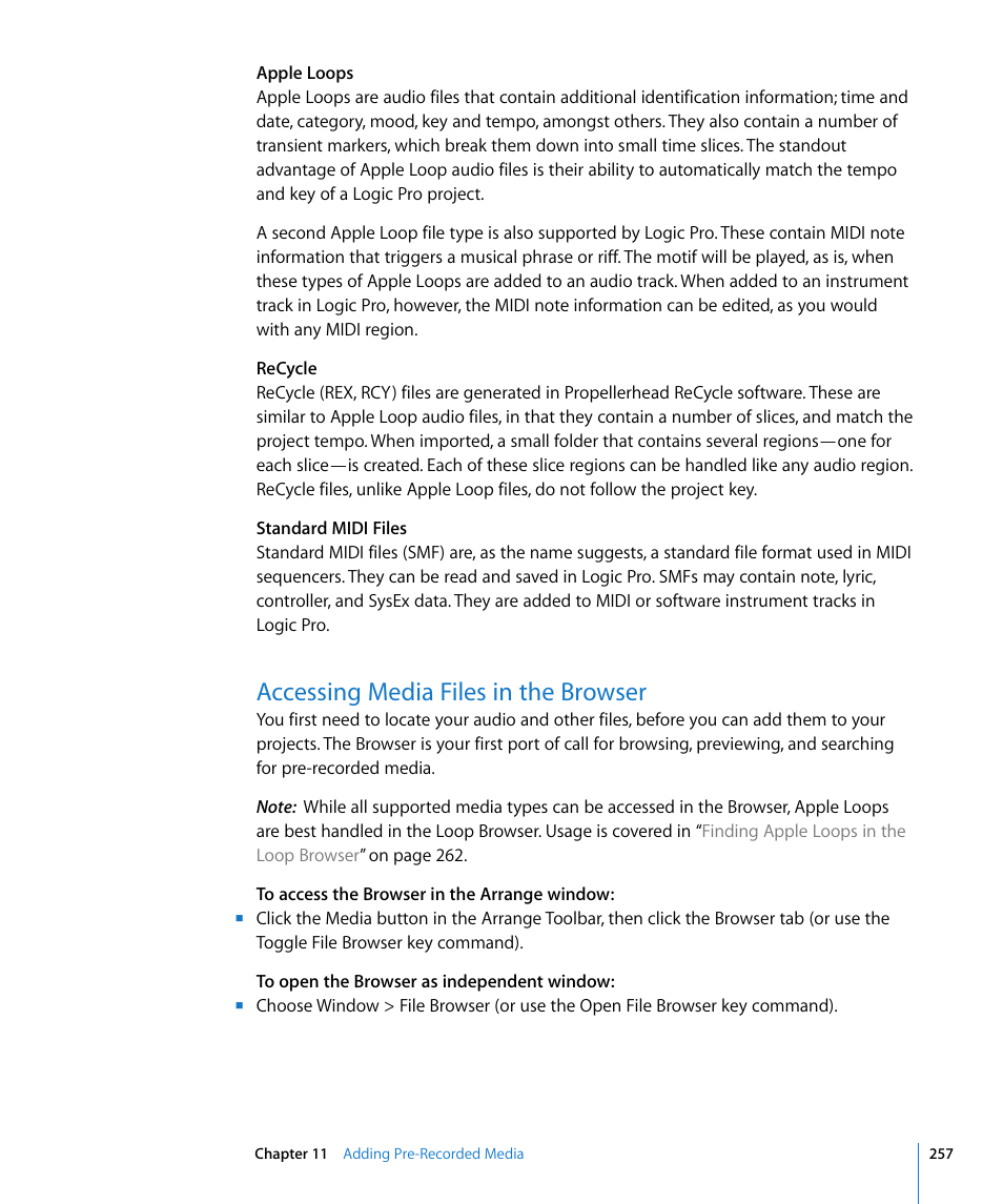 Accessing media files in the browser | Apple Logic Pro 8 User Manual | Page 257 / 1030
