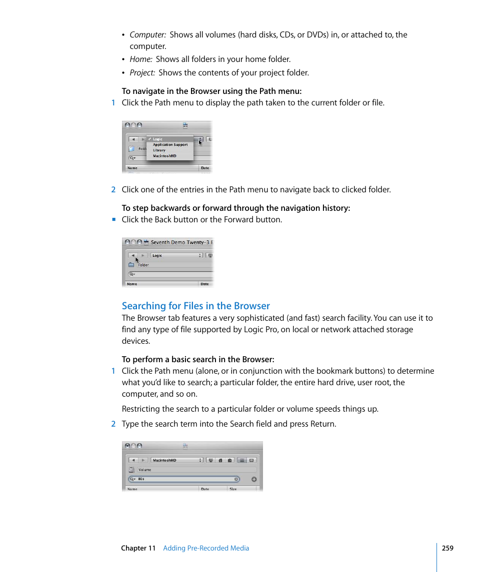 Searching for files in the browser | Apple Logic Pro 8 User Manual | Page 259 / 1030