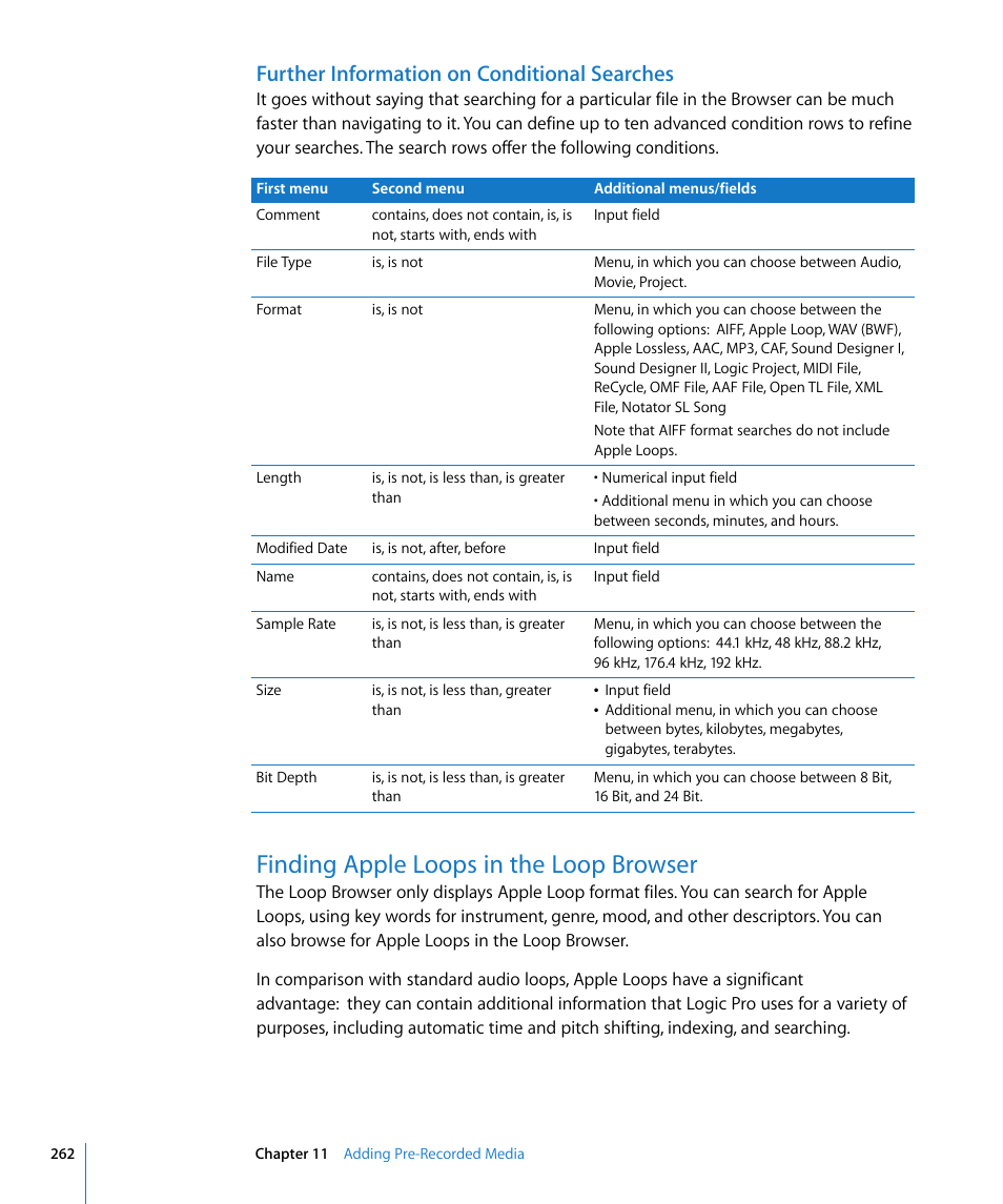 Further information on conditional searches, Finding apple loops in the loop browser, Ed in | Finding apple loops in the, Loop browser | Apple Logic Pro 8 User Manual | Page 262 / 1030