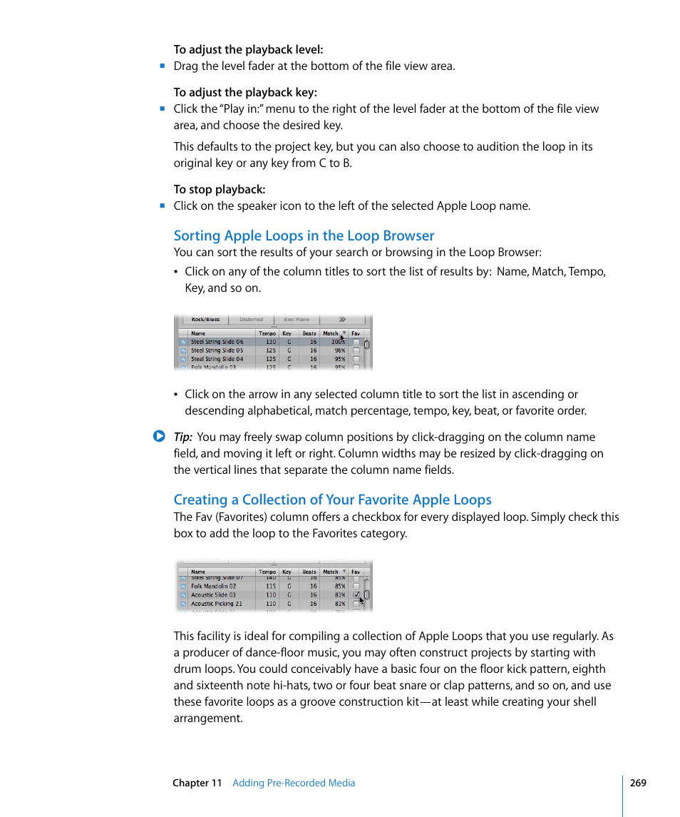Sorting apple loops in the loop browser, Creating a collection of your favorite apple loops | Apple Logic Pro 8 User Manual | Page 269 / 1030