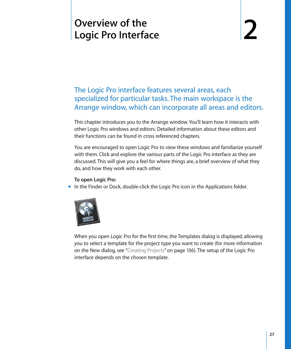 Overview of the logic pro interface, Chapter 2 | Apple Logic Pro 8 User Manual | Page 27 / 1030