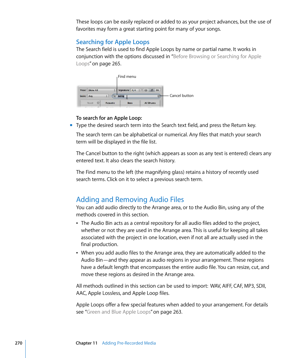 Searching for apple loops, Adding and removing audio files | Apple Logic Pro 8 User Manual | Page 270 / 1030