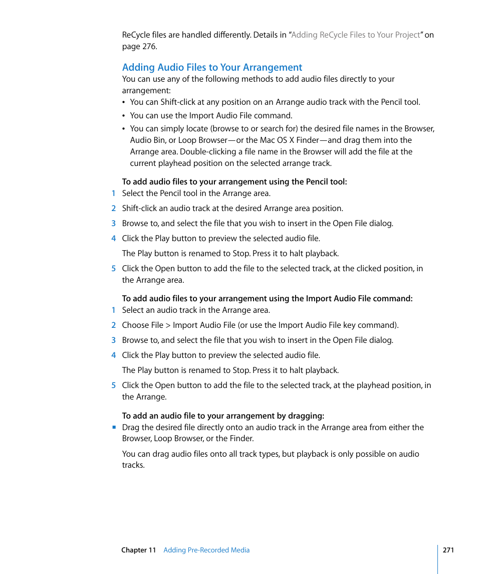 Adding audio files to your arrangement | Apple Logic Pro 8 User Manual | Page 271 / 1030
