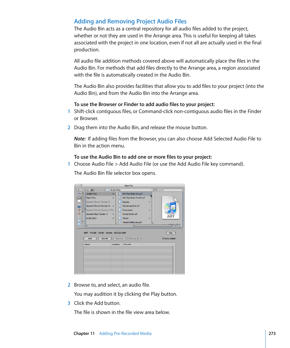 Adding and removing project audio files | Apple Logic Pro 8 User Manual | Page 273 / 1030