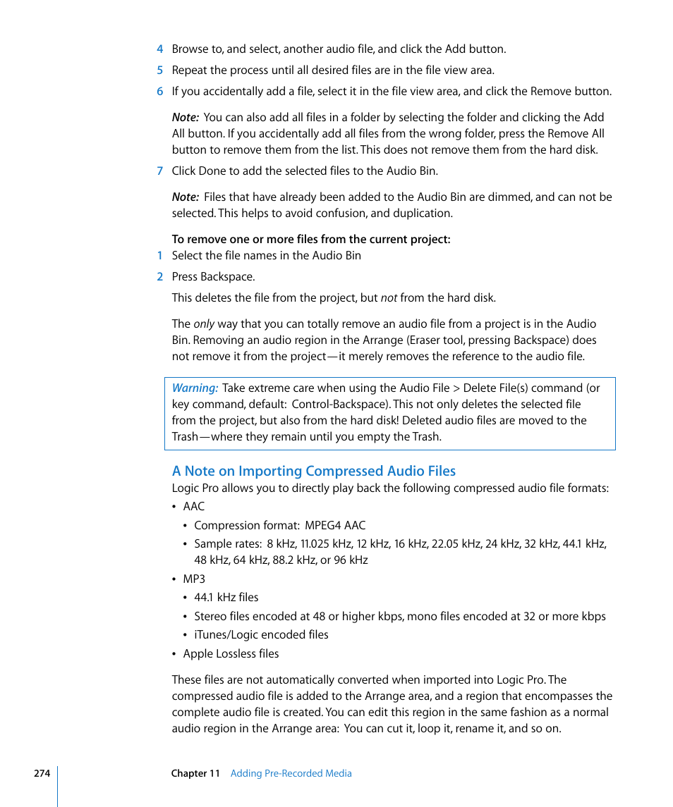 A note on importing compressed audio files | Apple Logic Pro 8 User Manual | Page 274 / 1030