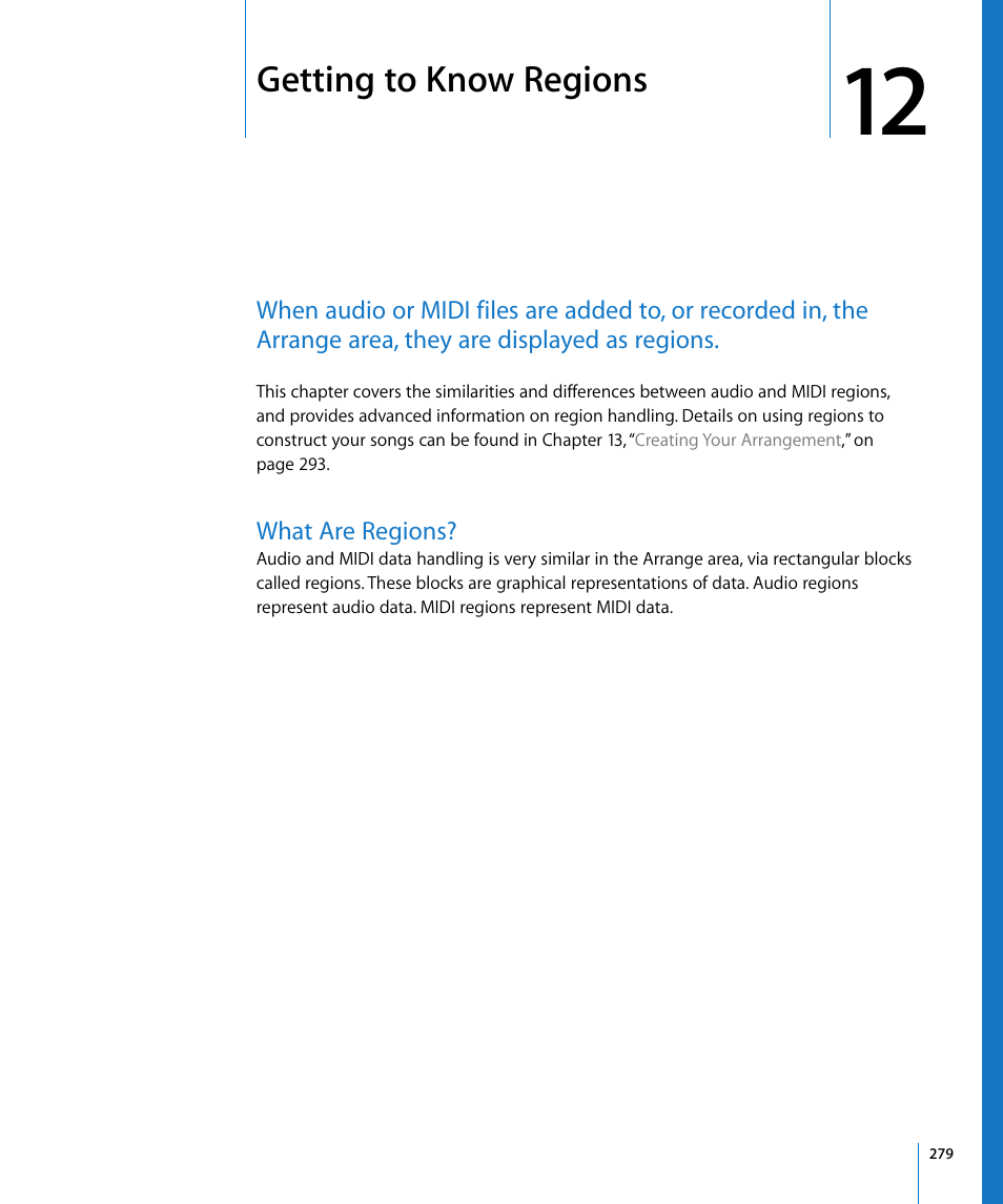 Getting to know regions, What are regions, Chapter 12 | Apple Logic Pro 8 User Manual | Page 279 / 1030