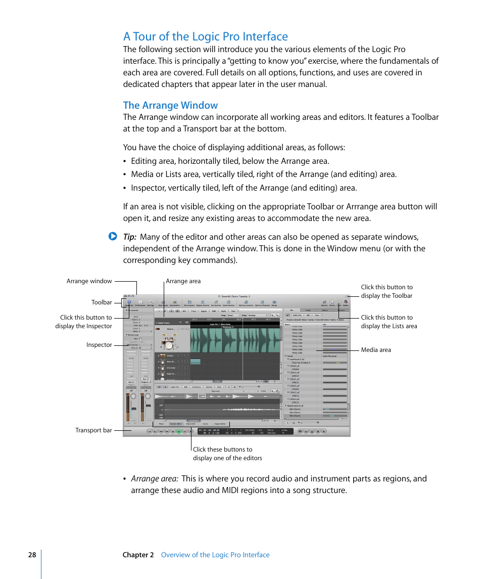 A tour of the logic pro interface, The arrange window | Apple Logic Pro 8 User Manual | Page 28 / 1030