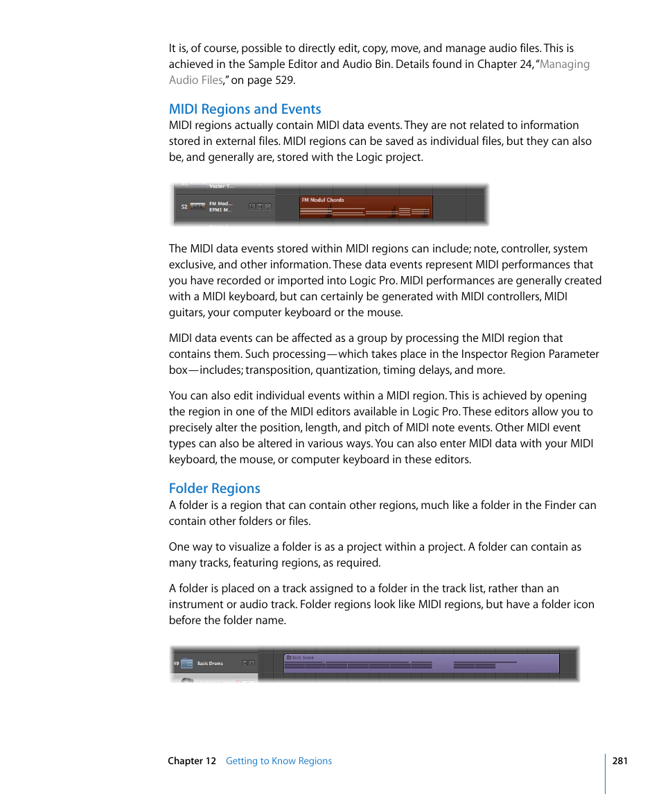 Midi regions and events, Folder regions | Apple Logic Pro 8 User Manual | Page 281 / 1030