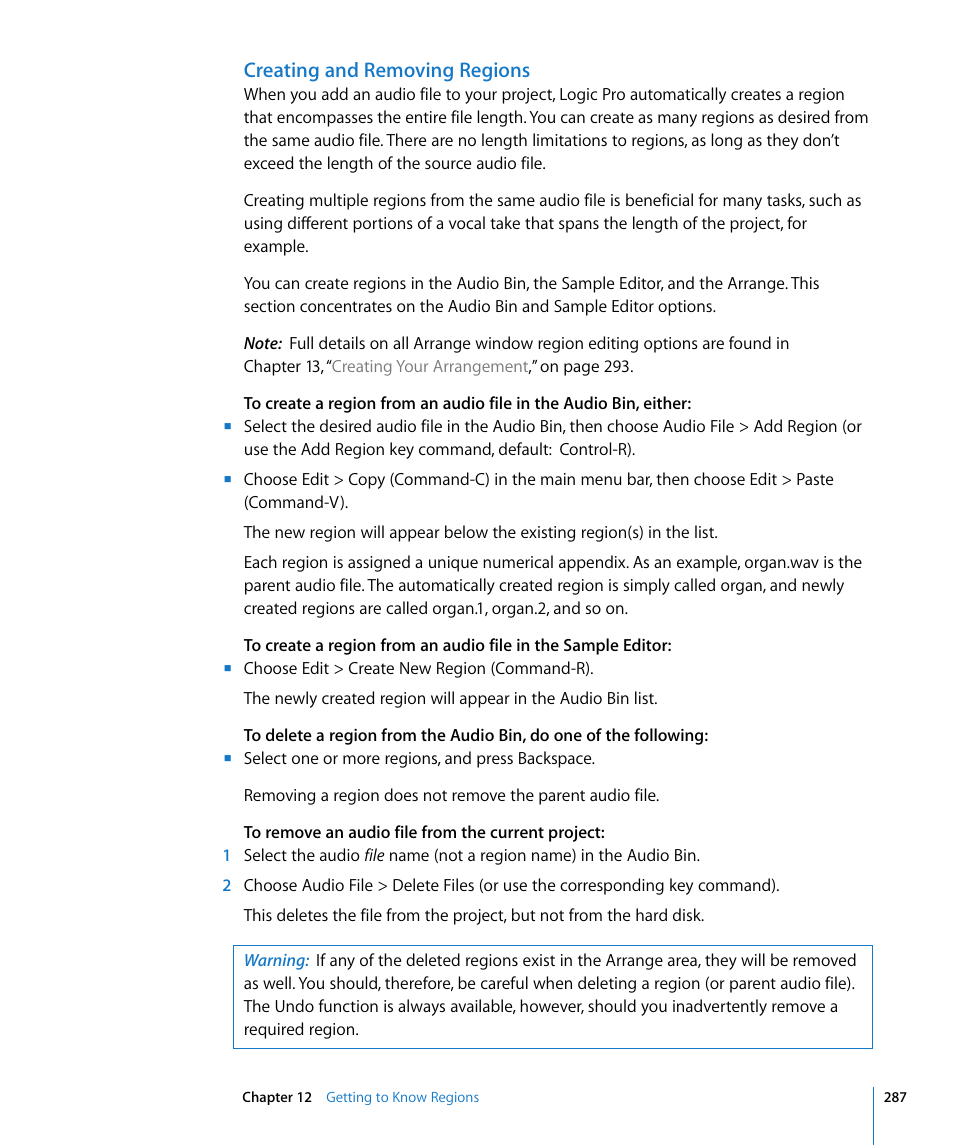 Creating and removing regions | Apple Logic Pro 8 User Manual | Page 287 / 1030