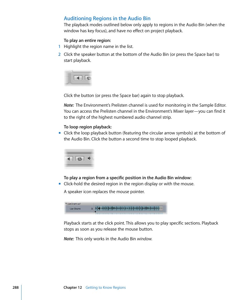 Auditioning regions in the audio bin | Apple Logic Pro 8 User Manual | Page 288 / 1030
