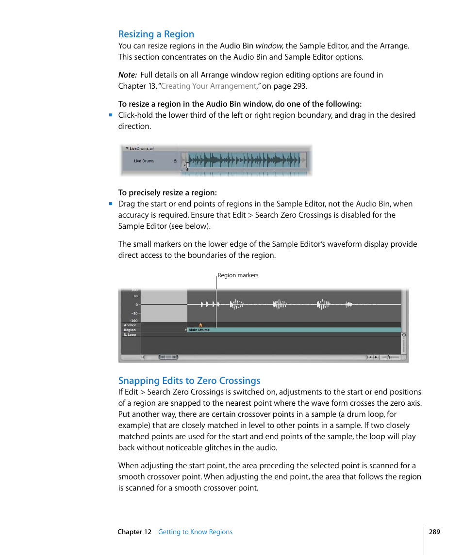Resizing a region, Snapping edits to zero crossings | Apple Logic Pro 8 User Manual | Page 289 / 1030