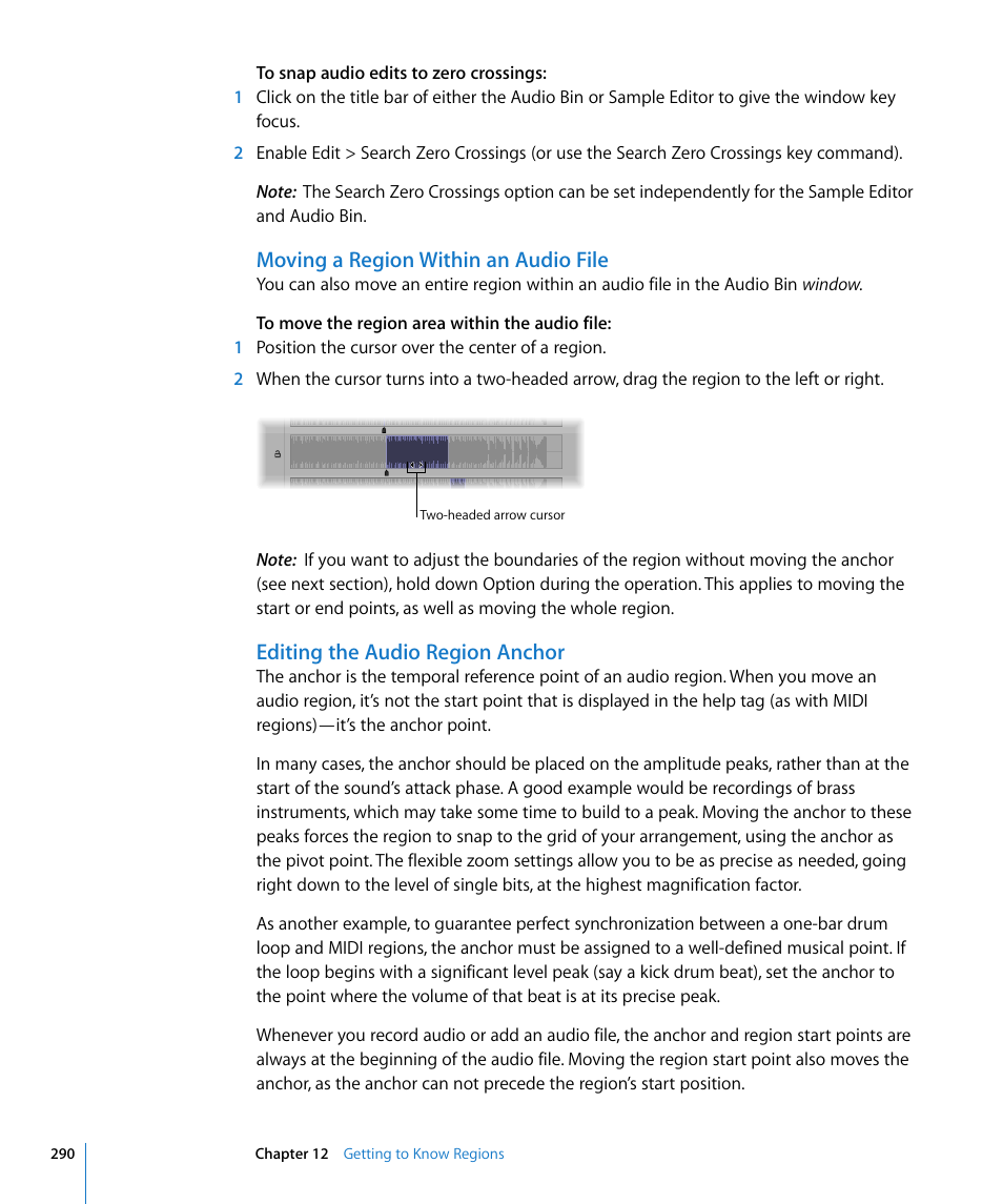 Moving a region within an audio file, Editing the audio region anchor | Apple Logic Pro 8 User Manual | Page 290 / 1030