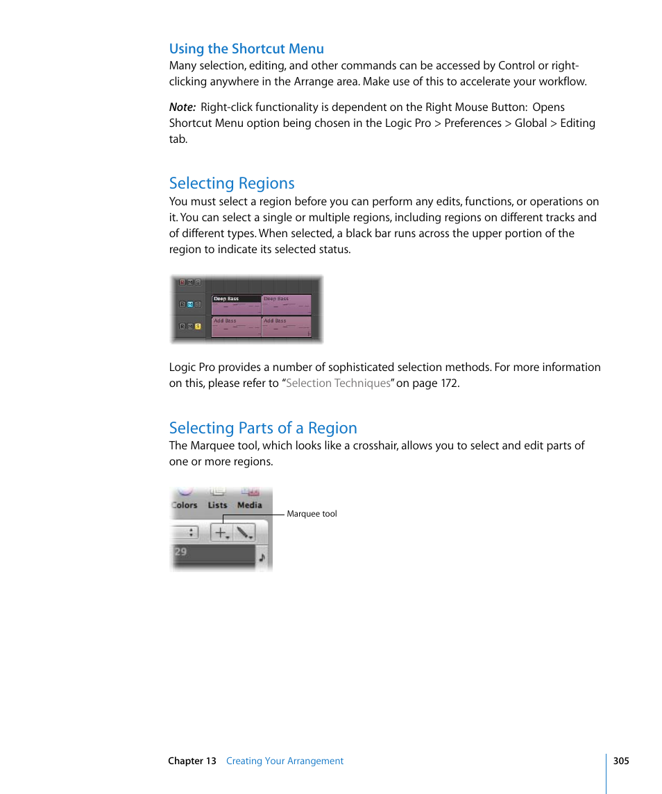 Using the shortcut menu, Selecting regions, Selecting parts of a region | Ormation see | Apple Logic Pro 8 User Manual | Page 305 / 1030