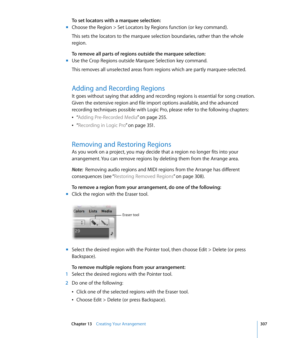 Adding and recording regions, Removing and restoring regions | Apple Logic Pro 8 User Manual | Page 307 / 1030