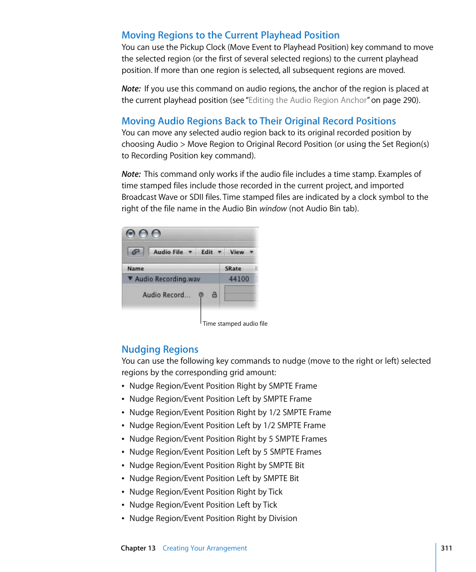 Moving regions to the current playhead position, Nudging regions | Apple Logic Pro 8 User Manual | Page 311 / 1030