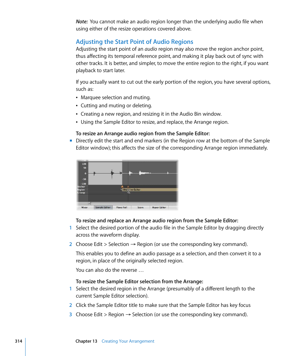 Adjusting the start point of audio regions | Apple Logic Pro 8 User Manual | Page 314 / 1030
