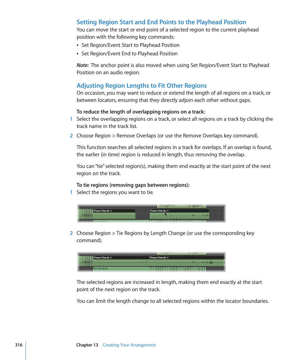 Adjusting region lengths to fit other regions | Apple Logic Pro 8 User Manual | Page 316 / 1030