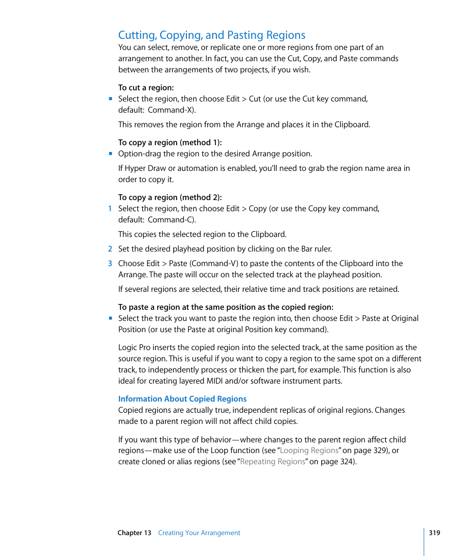 Cutting, copying, and pasting regions | Apple Logic Pro 8 User Manual | Page 319 / 1030