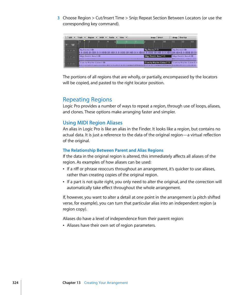 Repeating regions, Using midi region aliases, Egions (see | Apple Logic Pro 8 User Manual | Page 324 / 1030