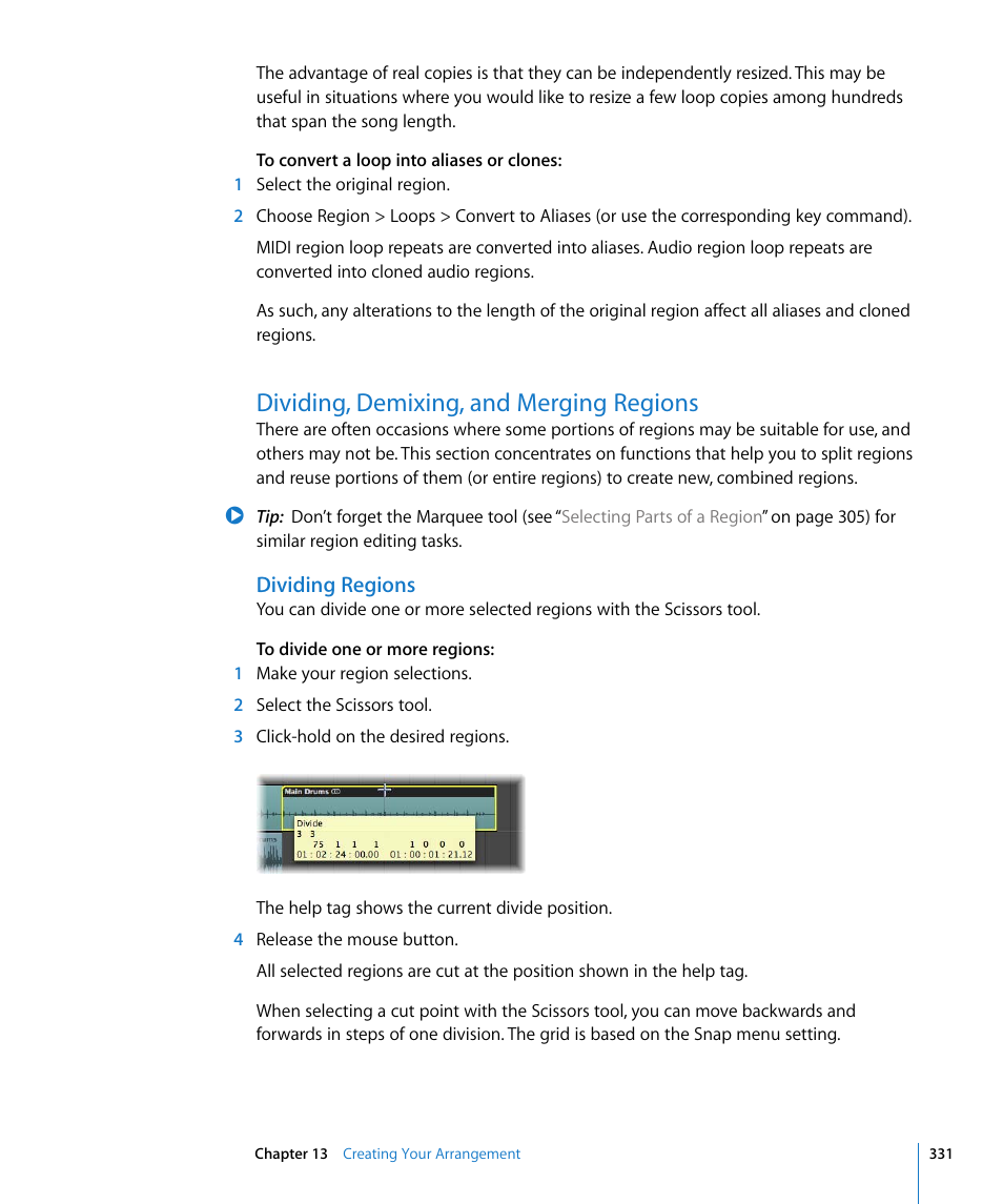 Dividing, demixing, and merging regions, Dividing regions | Apple Logic Pro 8 User Manual | Page 331 / 1030
