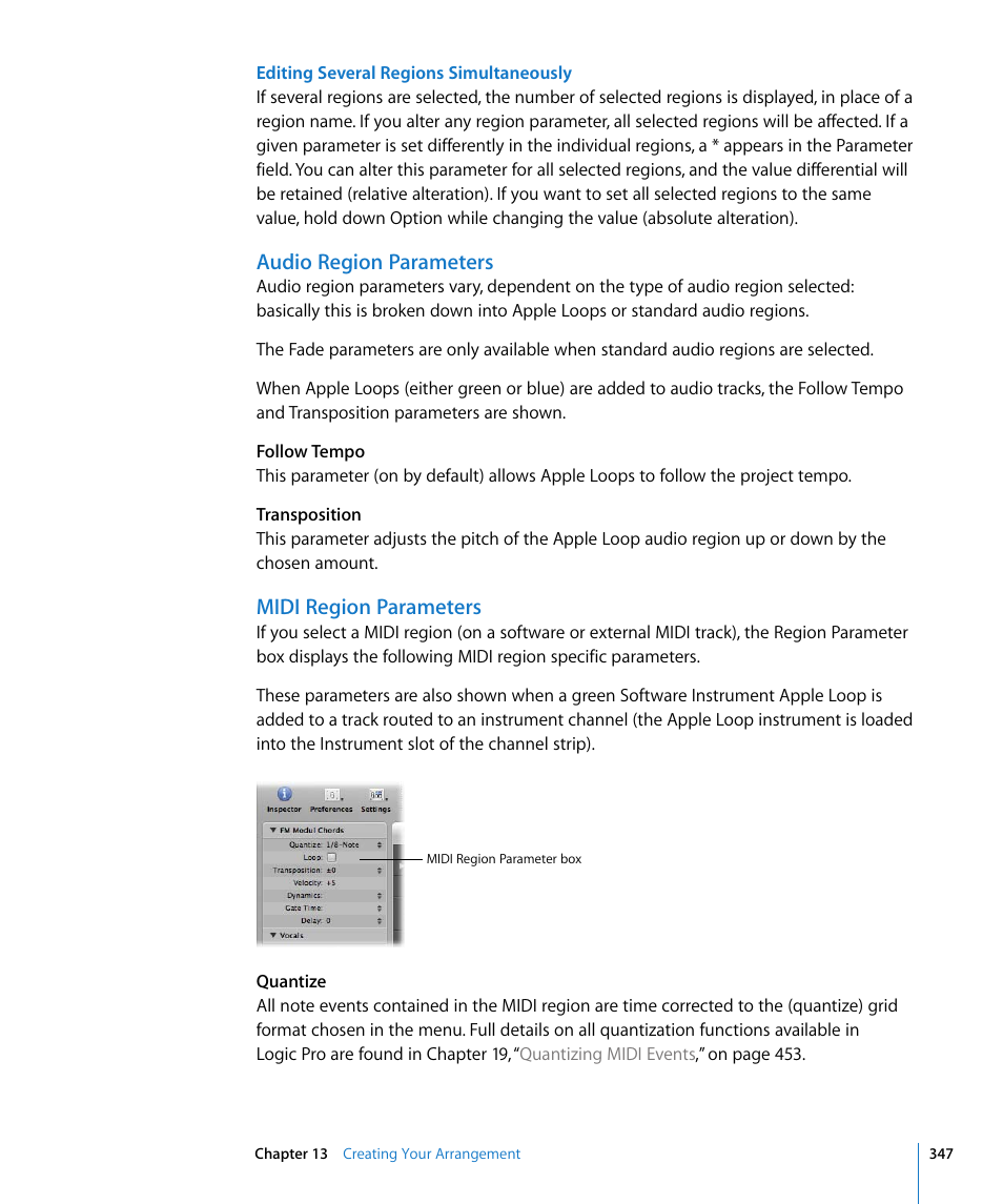 Audio region parameters, Midi region parameters | Apple Logic Pro 8 User Manual | Page 347 / 1030