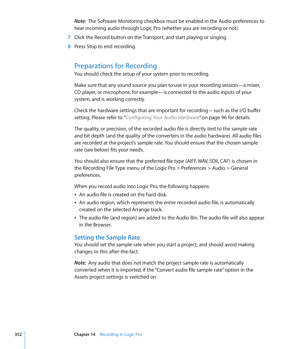 Preparations for recording, Setting the sample rate | Apple Logic Pro 8 User Manual | Page 352 / 1030