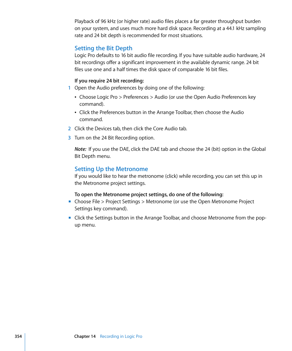 Setting the bit depth, Setting up the metronome | Apple Logic Pro 8 User Manual | Page 354 / 1030