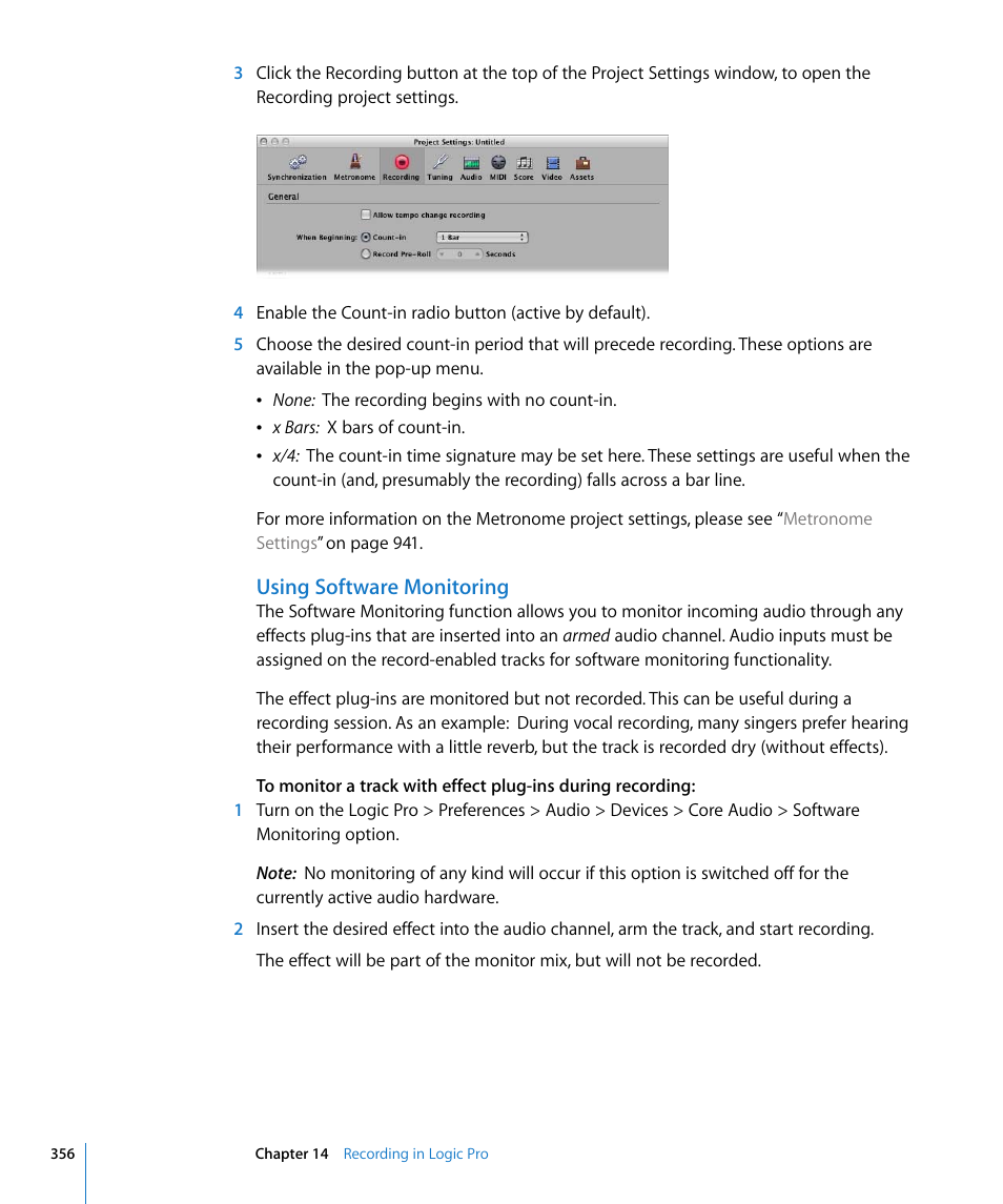 Using software monitoring | Apple Logic Pro 8 User Manual | Page 356 / 1030