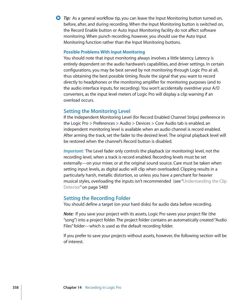 Setting the monitoring level, Setting the recording folder | Apple Logic Pro 8 User Manual | Page 358 / 1030