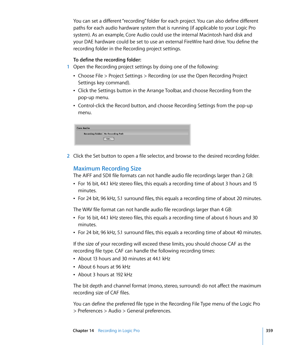Maximum recording size | Apple Logic Pro 8 User Manual | Page 359 / 1030