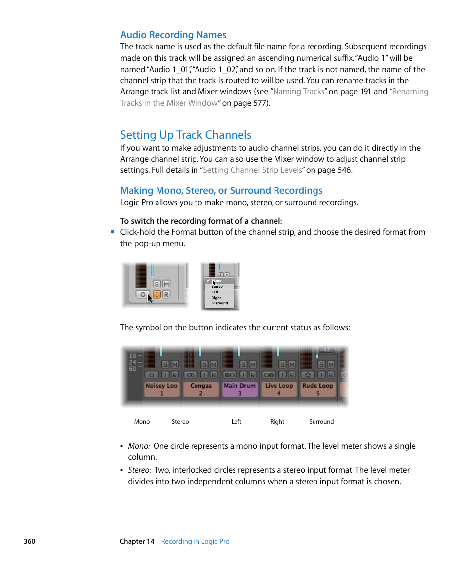 Audio recording names, Setting up track channels, Making mono, stereo, or surround recordings | Apple Logic Pro 8 User Manual | Page 360 / 1030