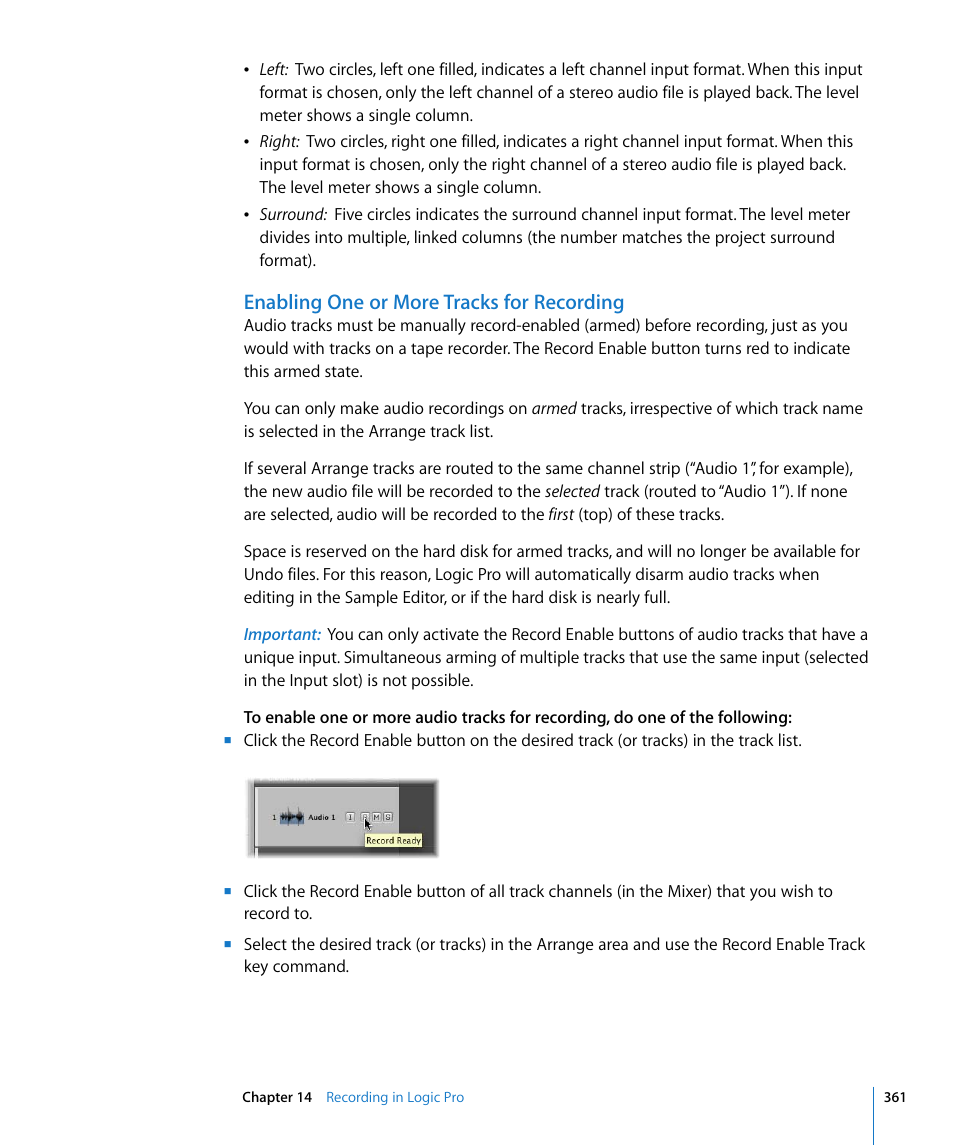 Enabling one or more tracks for recording | Apple Logic Pro 8 User Manual | Page 361 / 1030