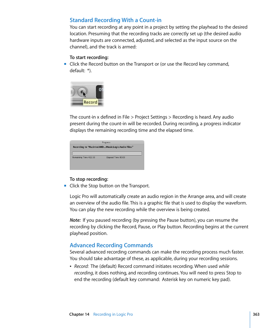 Standard recording with a count-in, Advanced recording commands | Apple Logic Pro 8 User Manual | Page 363 / 1030