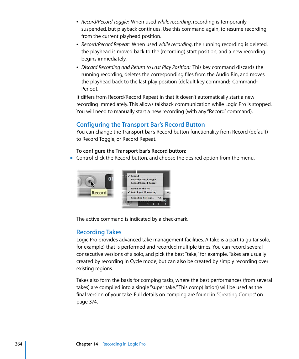 Configuring the transport bar’s record button, Recording takes | Apple Logic Pro 8 User Manual | Page 364 / 1030
