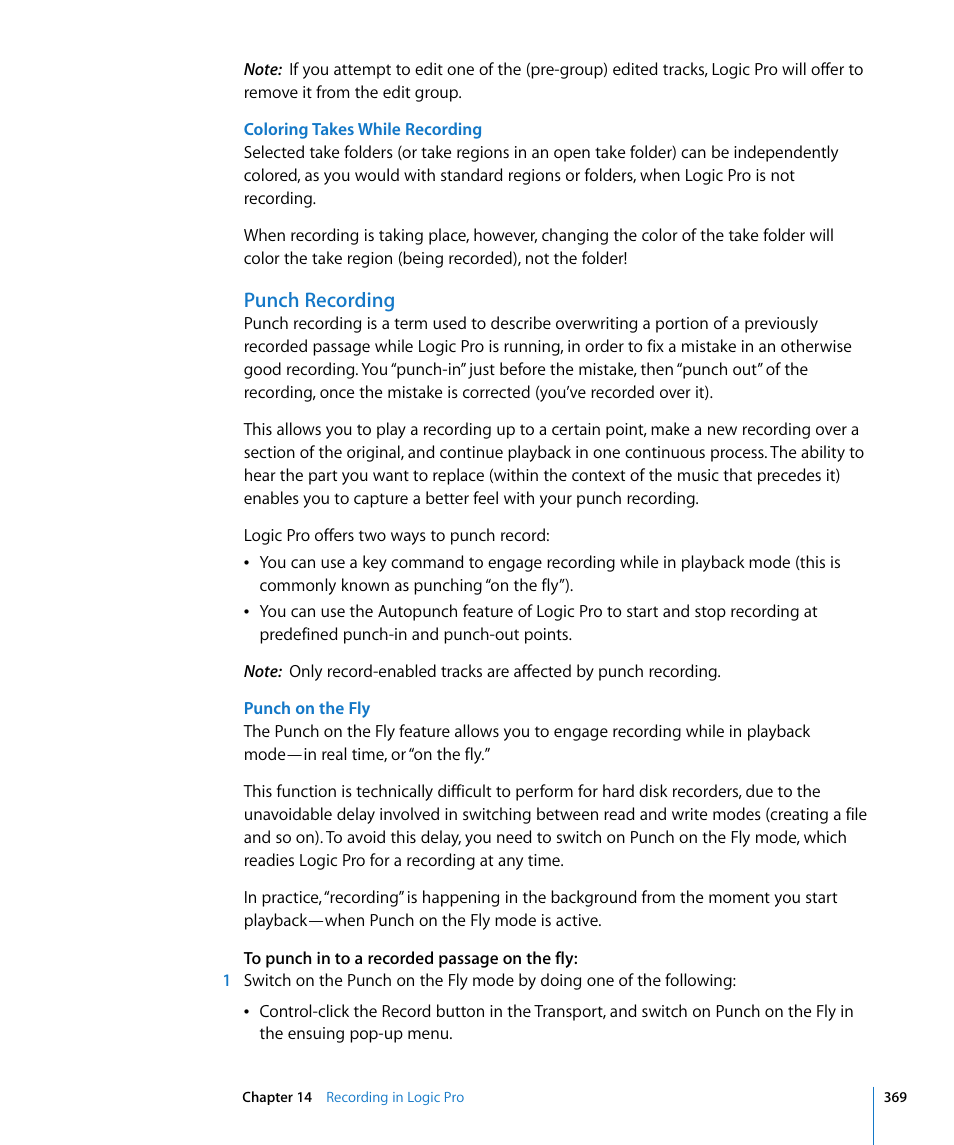 Punch recording | Apple Logic Pro 8 User Manual | Page 369 / 1030