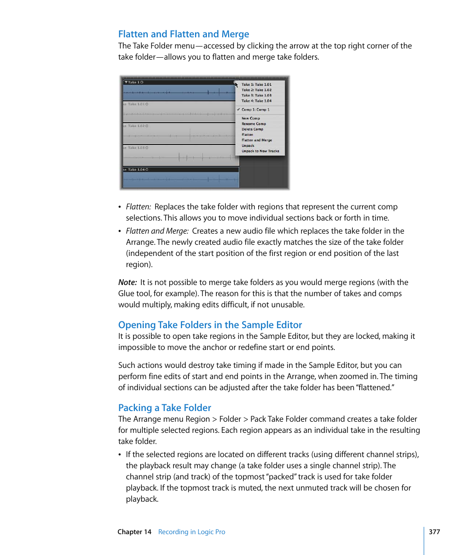 Flatten and flatten and merge, Opening take folders in the sample editor, Packing a take folder | Ge it (see, Flatten and flatten, And merge | Apple Logic Pro 8 User Manual | Page 377 / 1030