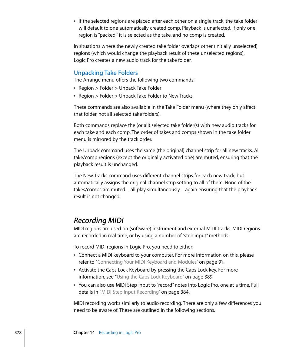 Unpacking take folders, Recording midi | Apple Logic Pro 8 User Manual | Page 378 / 1030