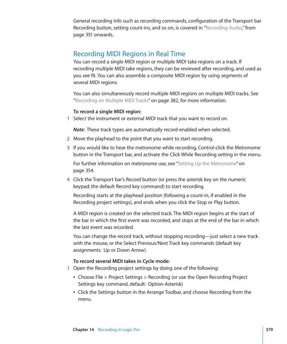 Recording midi regions in real time | Apple Logic Pro 8 User Manual | Page 379 / 1030