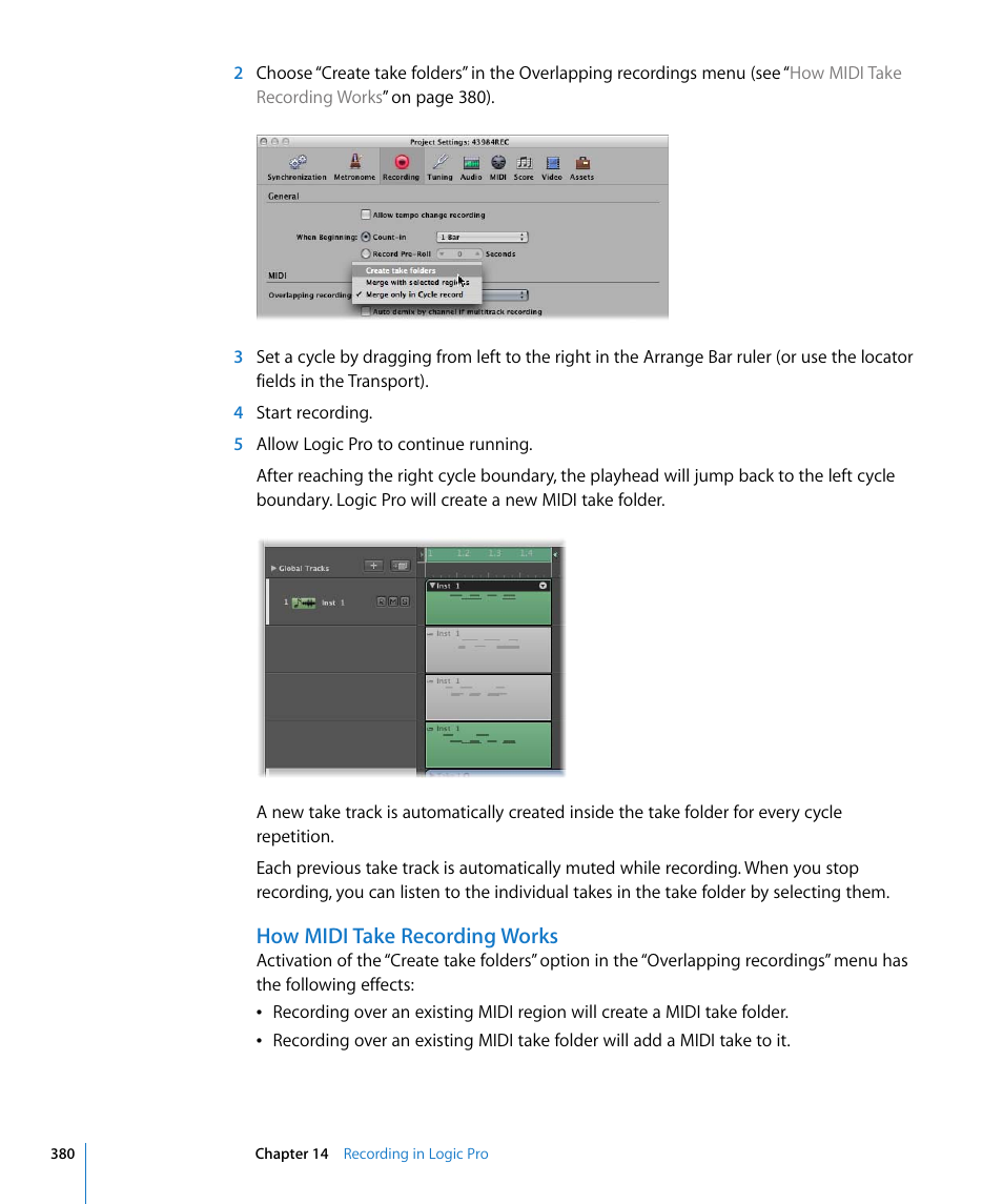 How midi take recording works | Apple Logic Pro 8 User Manual | Page 380 / 1030